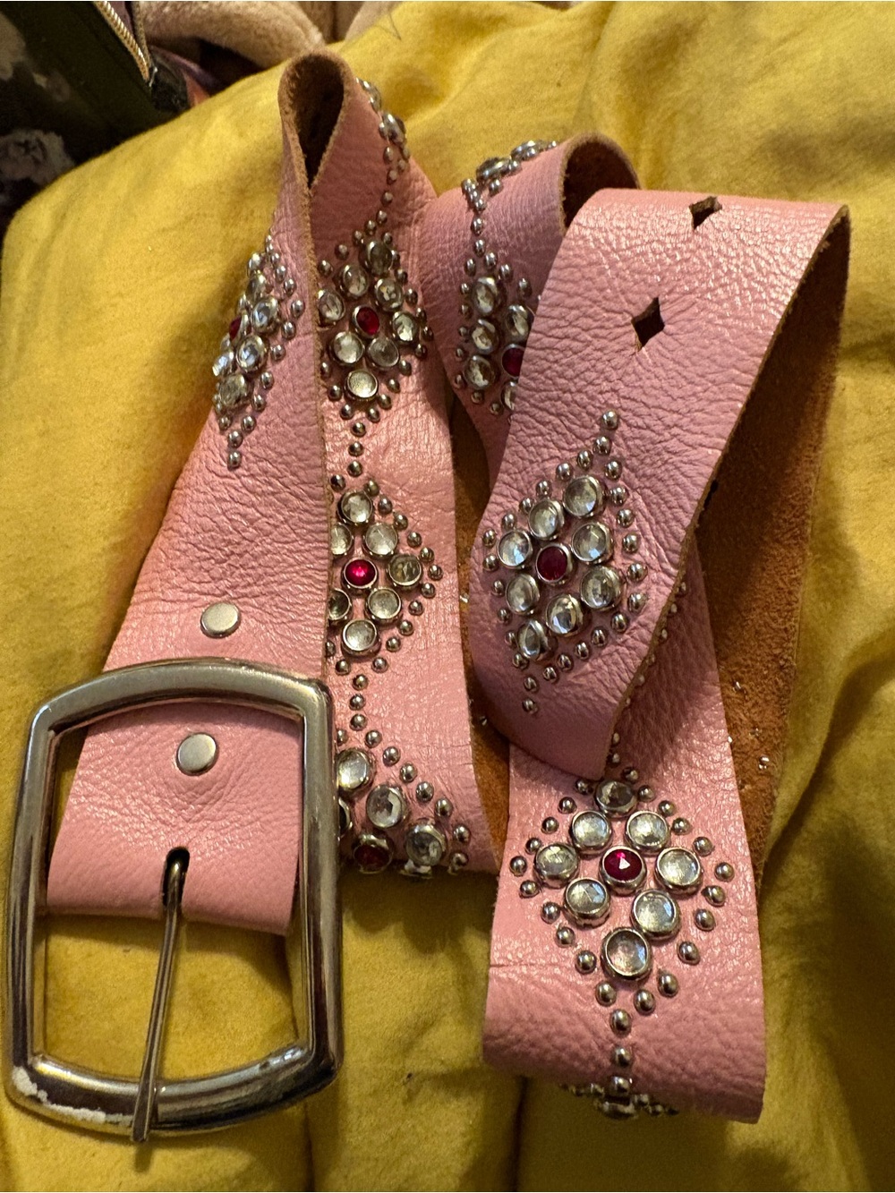 Vintage Y2K Pale Pink Leather Belt with Crystal Stud Clusters